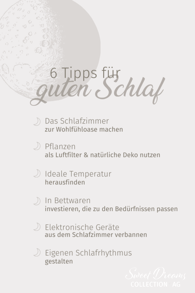 Grafik sechs Tipps fuer guten Schlaf zum Thema Schlafzimmer gesund einrichten